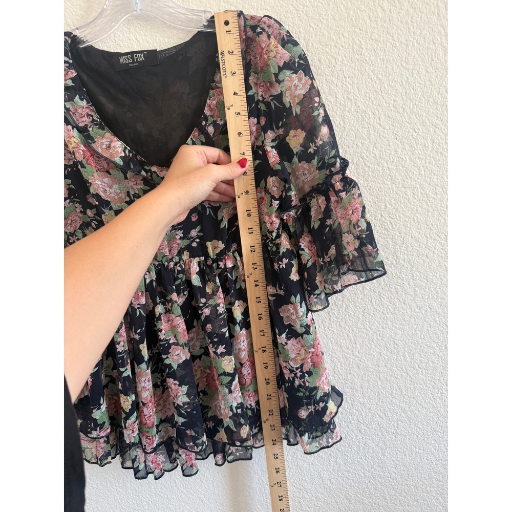 Miss Fox Delight Floral Babydoll Top Ruffle V-Neck Tiered Bell Sleeve Blouse - Picture 10 of 11